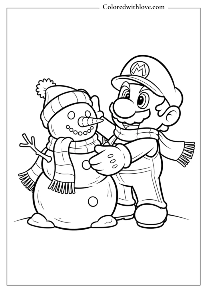Mario builds a snowman while wearing a scarf in this winter coloring page