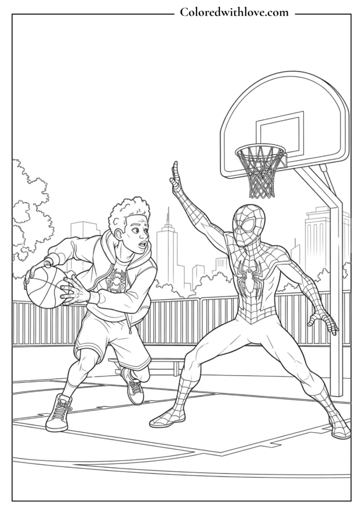 spiderman playing basketball defense game coloring page printable