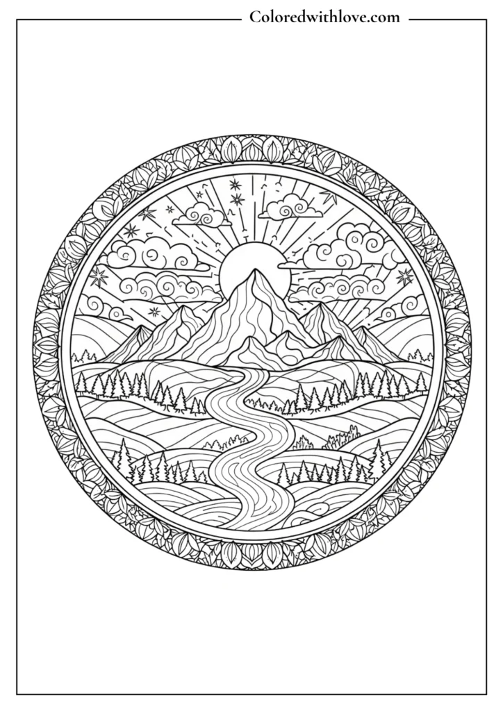 mountain landscape mandala coloring page with river sun and clouds black and white