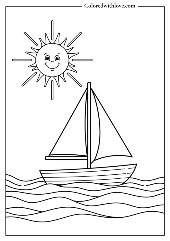small sailboat on the sea with sun and waves coloring page
