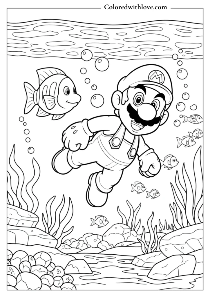 Mario swims underwater surrounded by fish and bubbles in this coloring page