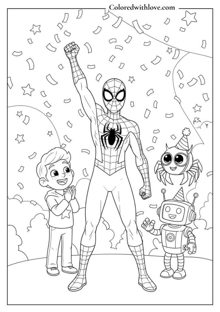spiderman celebrating with kids robot confetti coloring page printable