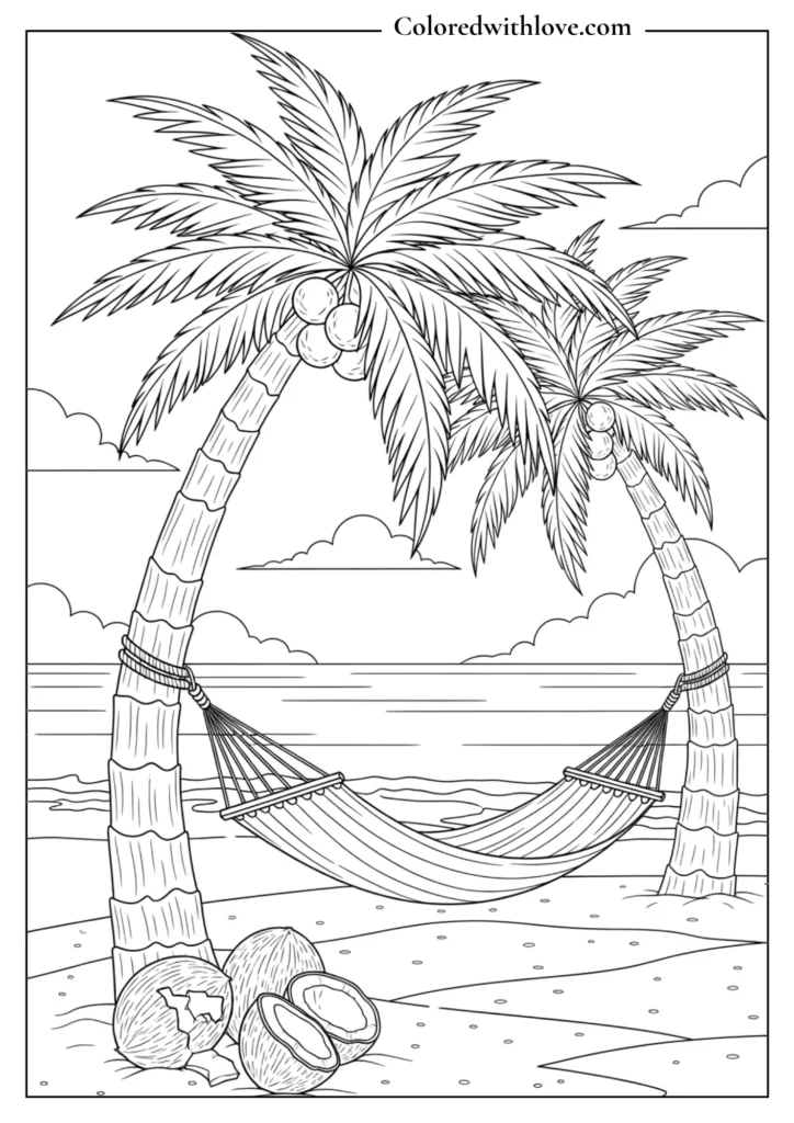 Hammock between palm trees on a tropical beach with ocean view and coconuts summer coloring page