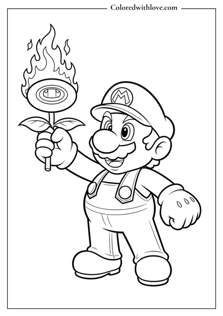 Mario holds a fire flower power-up in this Super Mario coloring page