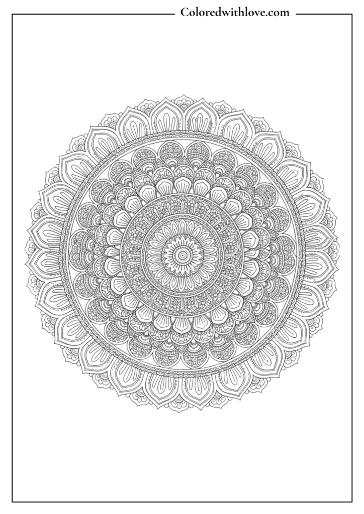intricate circular mandala coloring page with floral patterns black and white