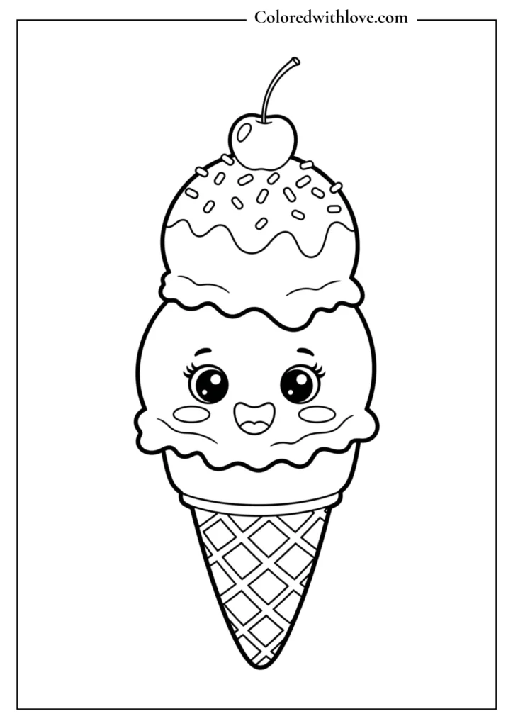 kawaii ice cream cone with cherry and sprinkles coloring page for kids
