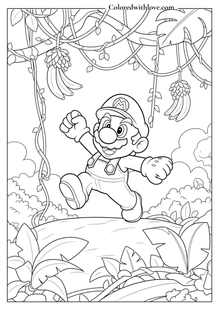 Mario runs through a jungle with vines and plants in this Super Mario coloring page