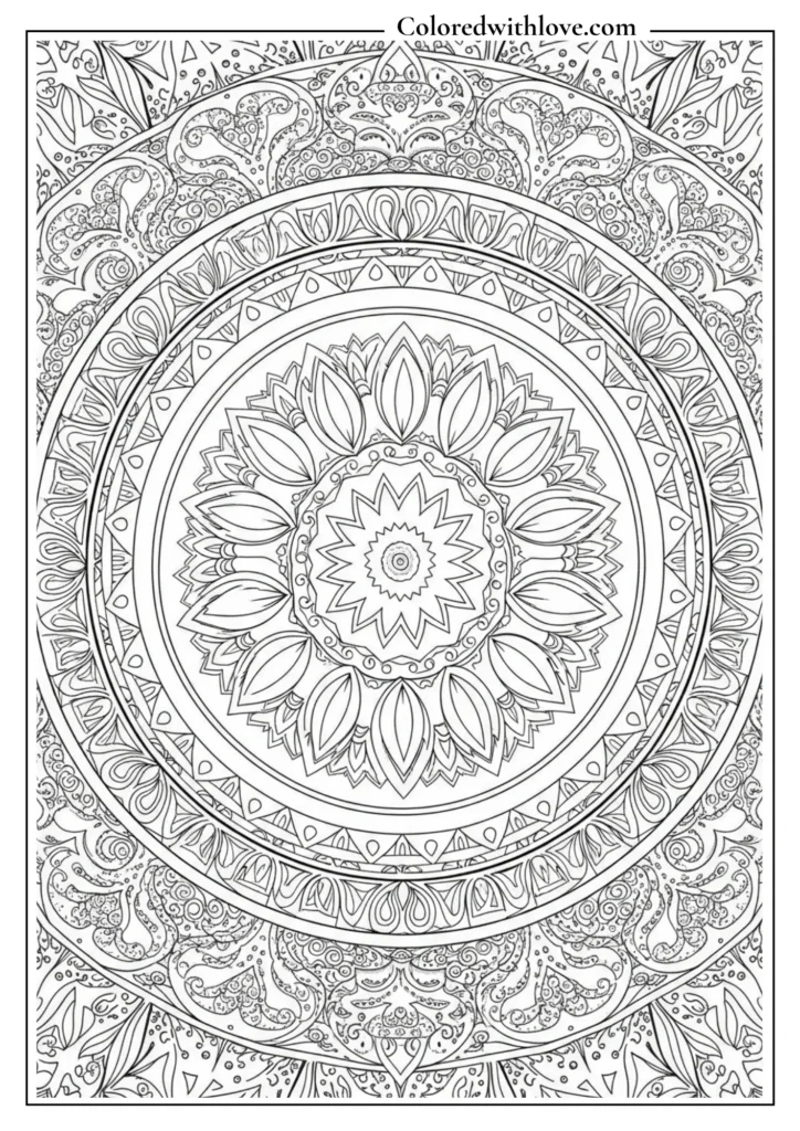 complex mandala coloring page with layered geometric and floral details