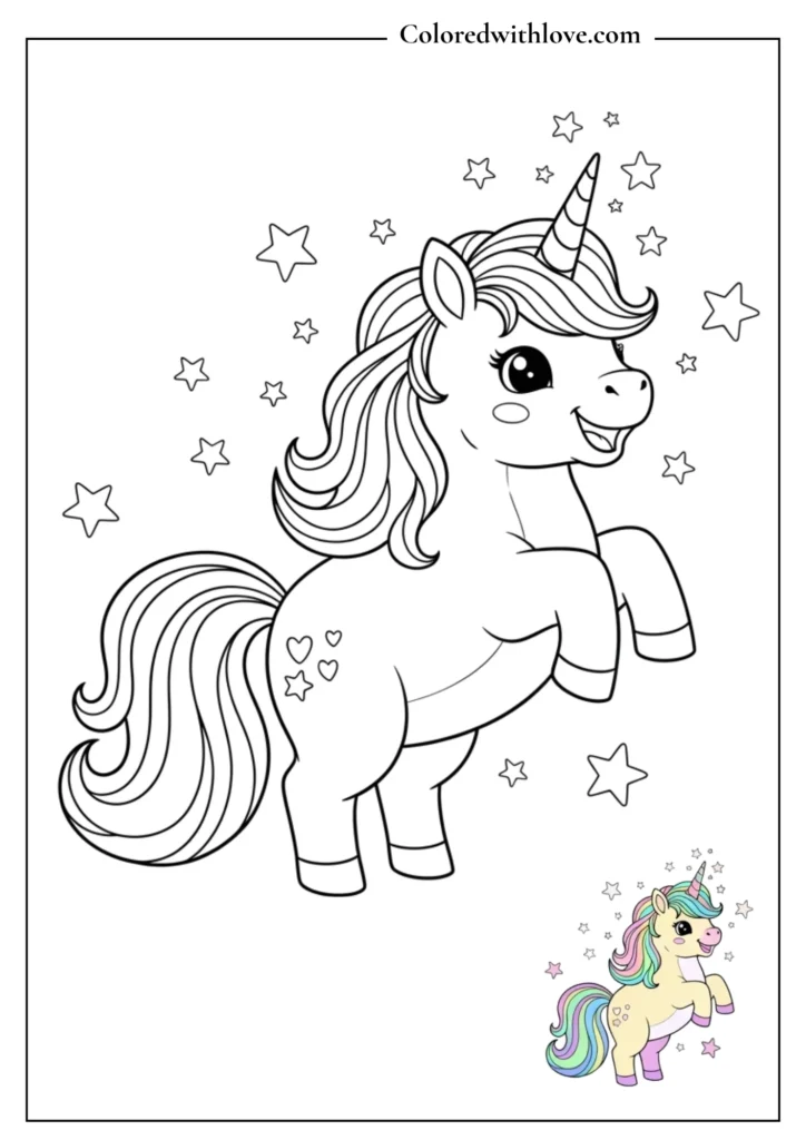 Cute unicorn with stars and flowing mane