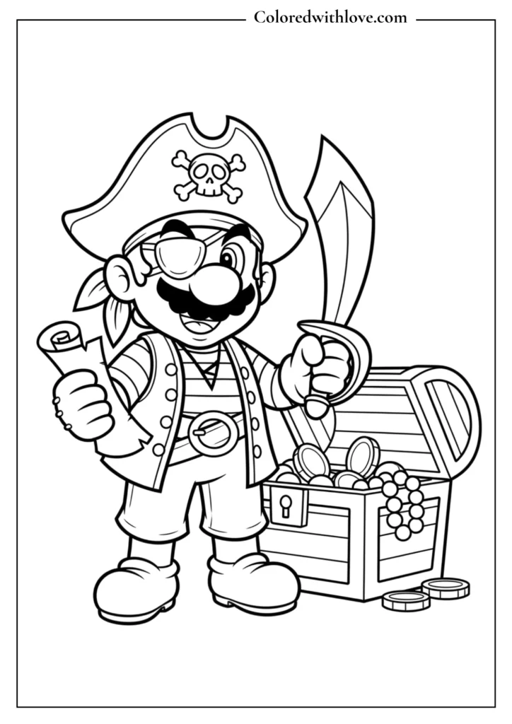 Mario dressed as a pirate stands next to a treasure chest full of coins in this coloring page