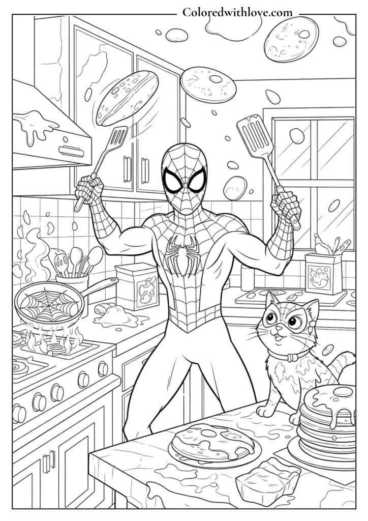 spiderman with superheroes team meeting rooftop coloring page printable