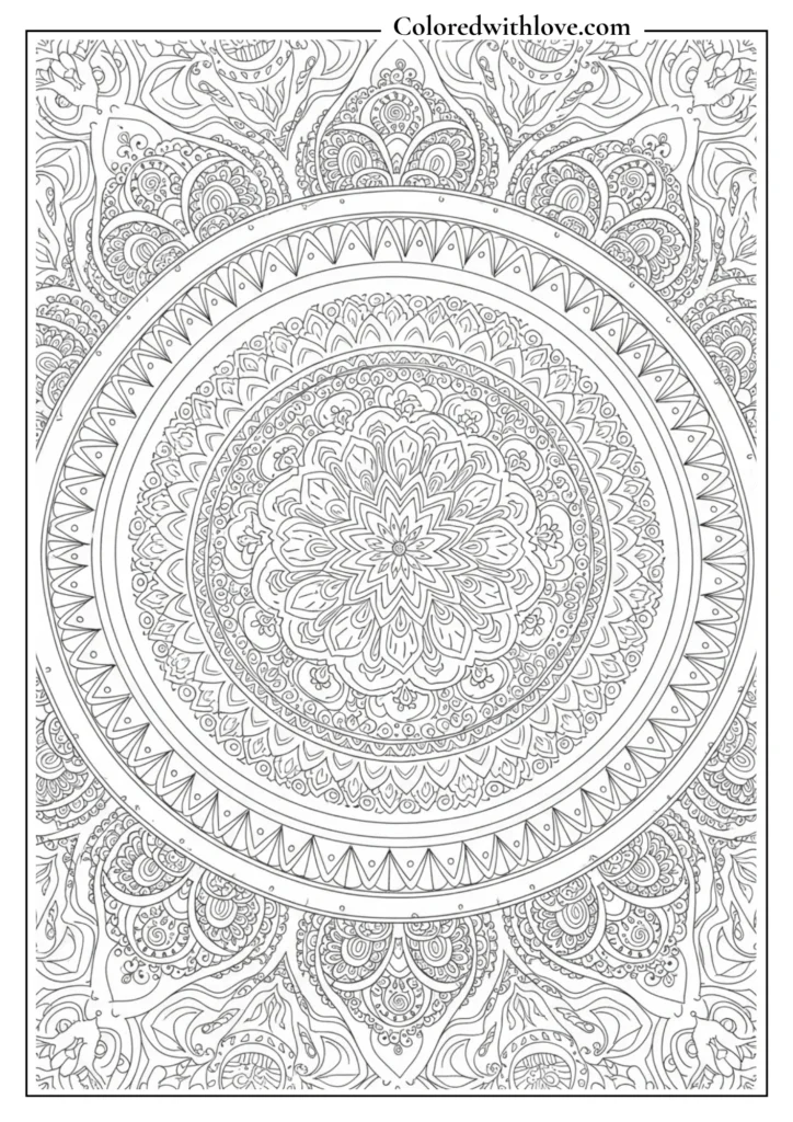 ornamental mandala coloring page with detailed symmetrical patterns