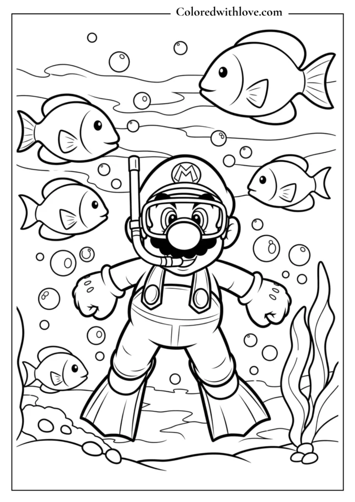 Mario wears a diving mask and swims with fish underwater in this coloring page