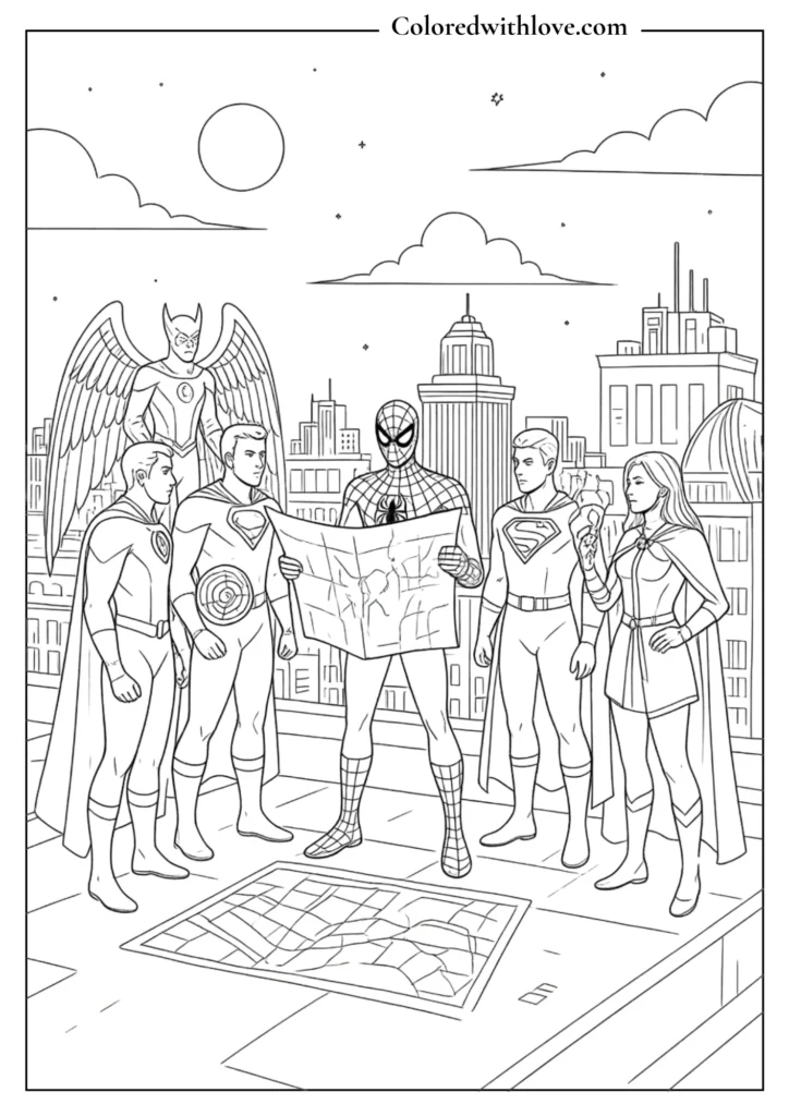 spiderman and superheroes planning map city coloring page printable