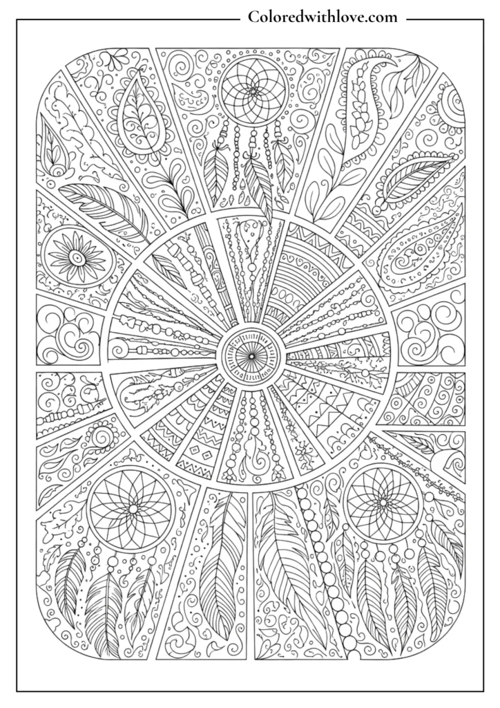 boho mandala coloring page with dreamcatcher feathers and decorative elements