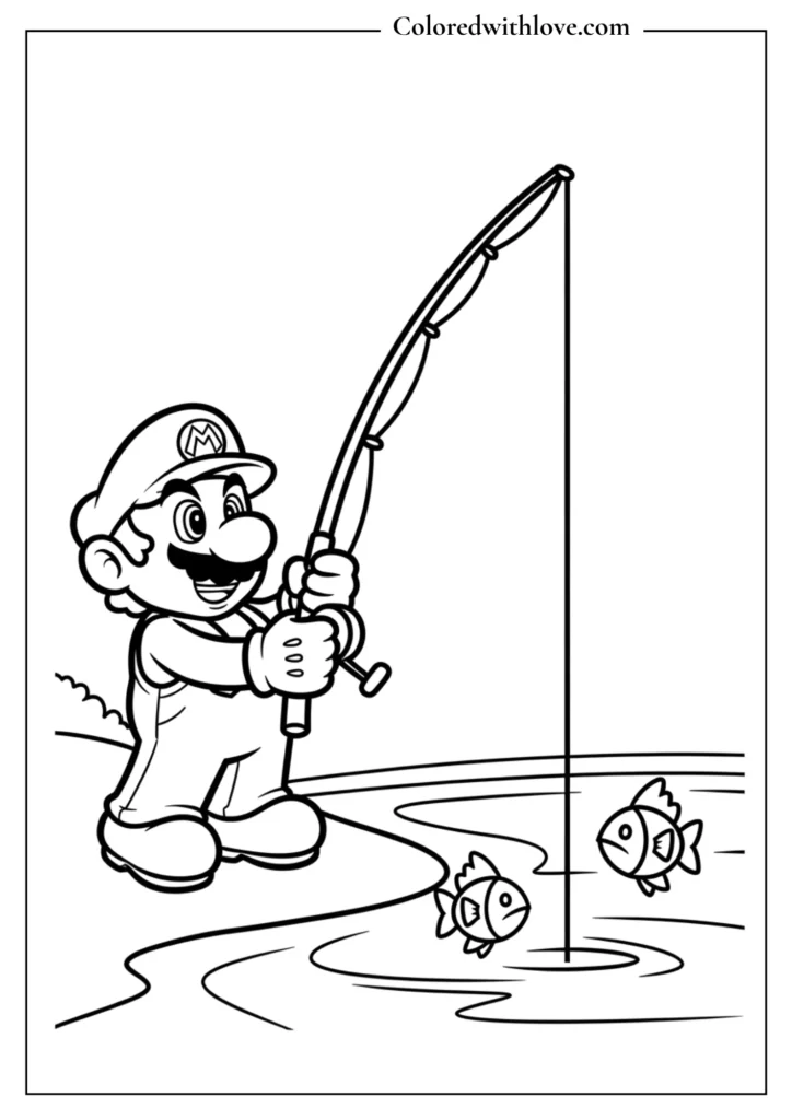 Mario fishes by the water while fish swim nearby in this relaxing coloring page