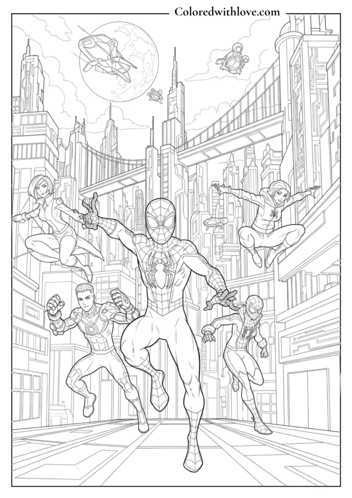 Spiderman Team Action Coloring Page – City Battle Scene