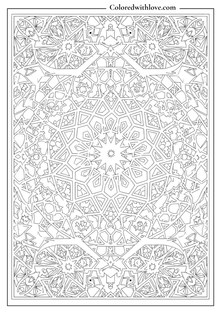 geometric mandala coloring page with star and abstract symmetrical shapes