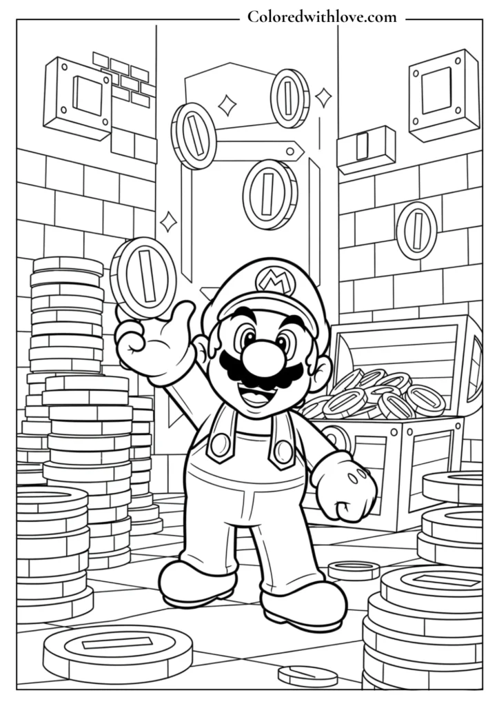 Mario stands in a room full of coins and treasure in this Super Mario coloring page