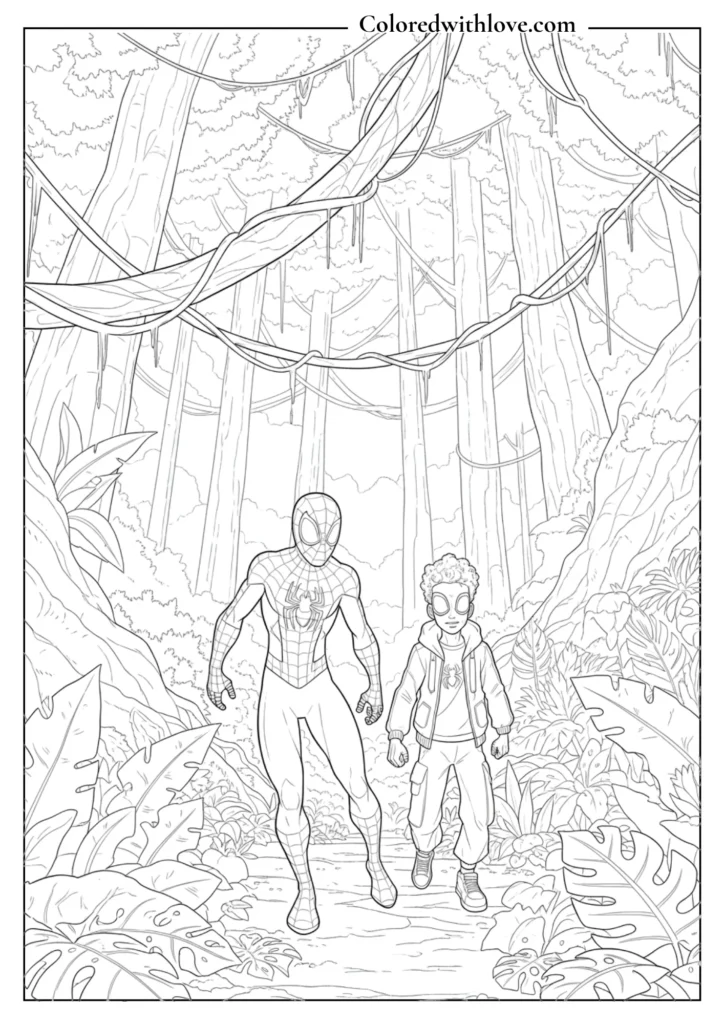 spiderman jungle adventure forest kid coloring page printable
