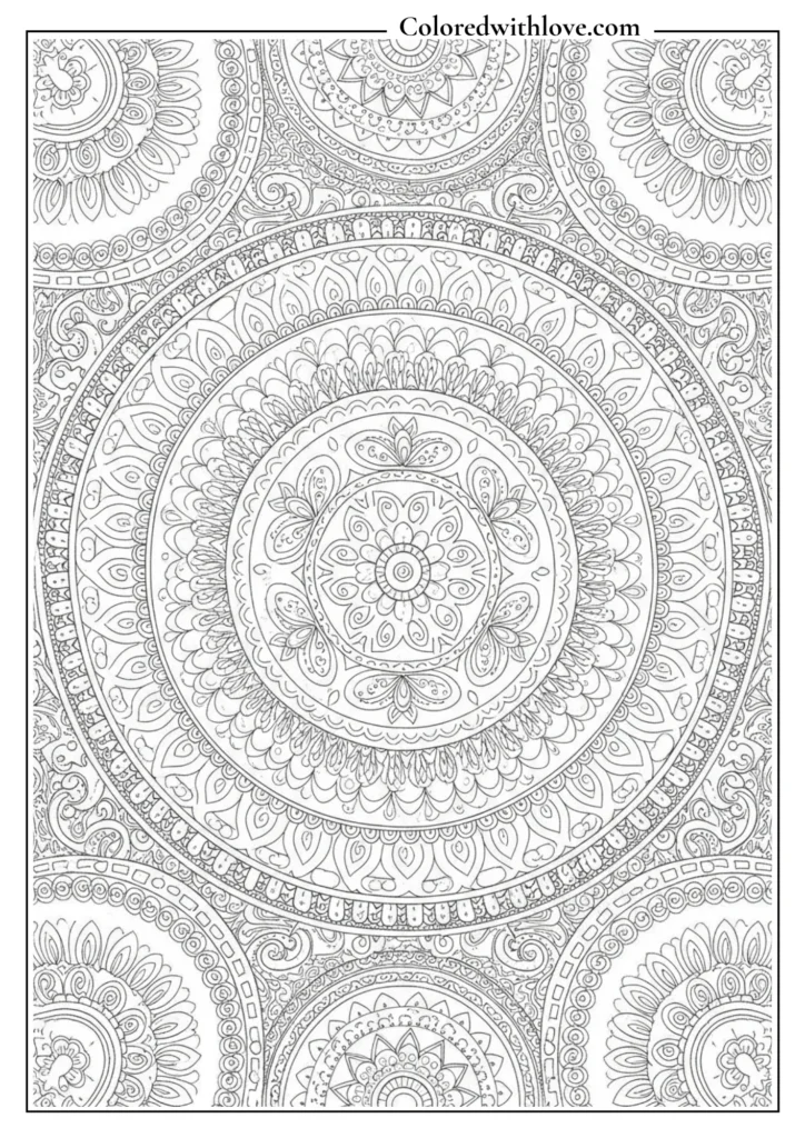 detailed circular mandala coloring page with repeating floral and lace patterns