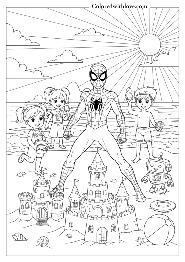 spiderman beach sandcastle kids summer coloring page printable