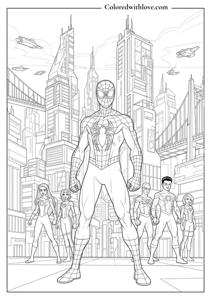 spiderman superhero team futuristic city coloring page printable
