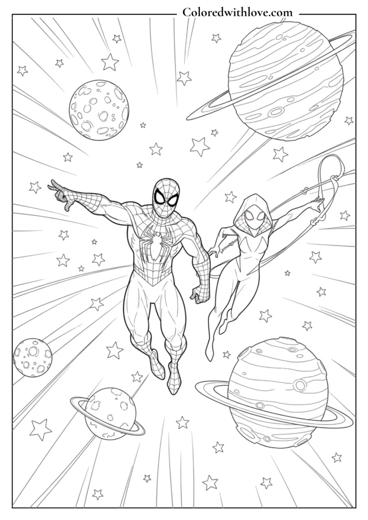 spiderman space adventure galaxy planets coloring page printable
