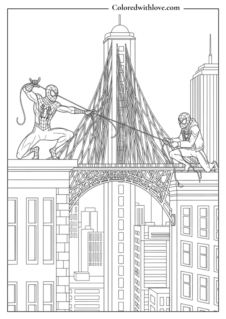 spiderman bridge web swing action city coloring page printable