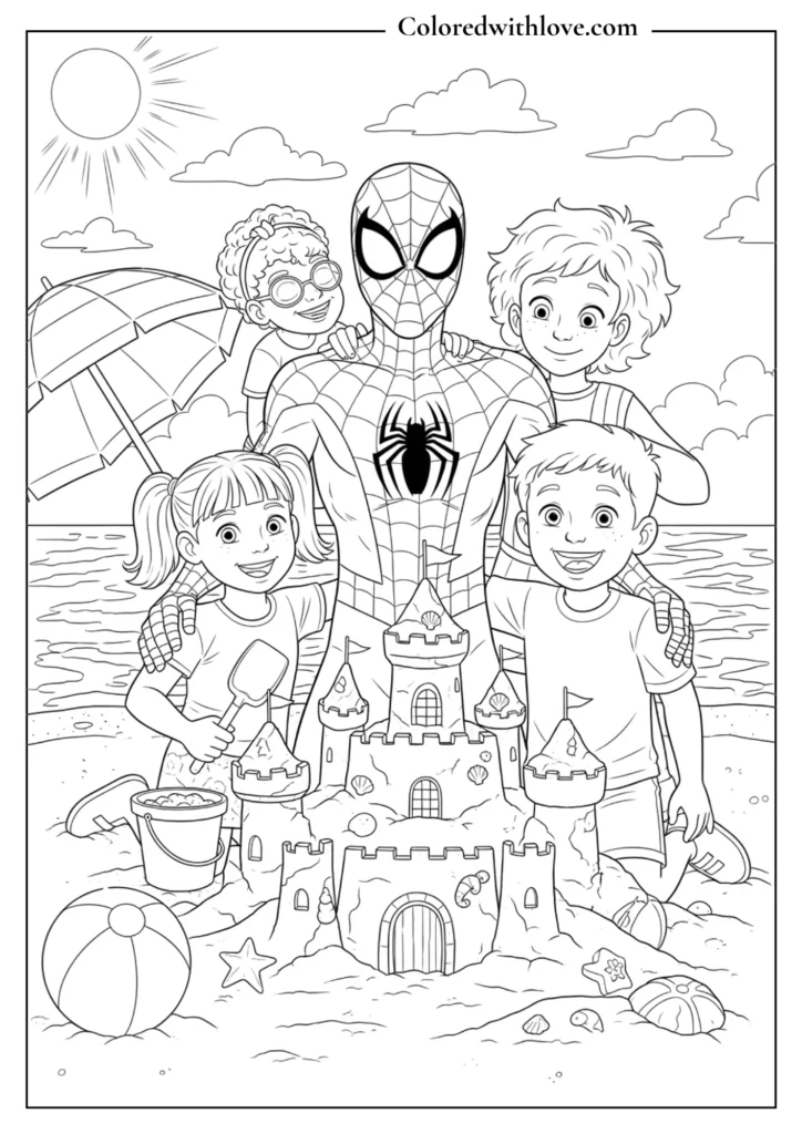 spiderman beach friends kids sandcastle coloring page printable