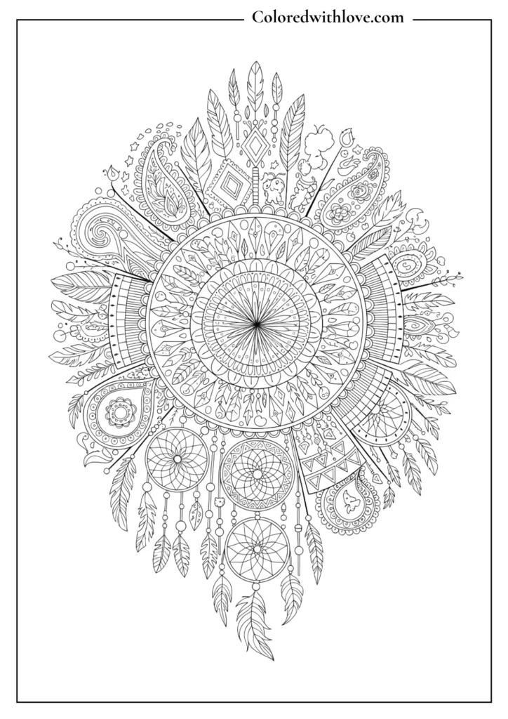 boho dreamcatcher mandala coloring page with feathers and decorative patterns for adults