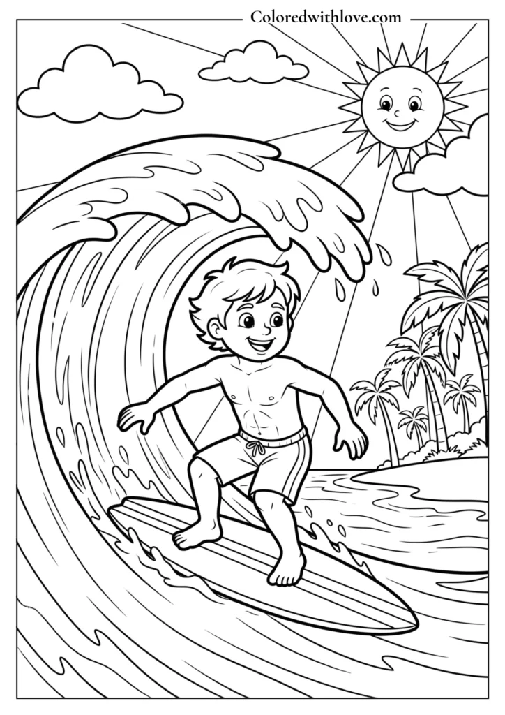 Surfing Coloring Page for Kids – Ocean Wave Summer Adventure Printable