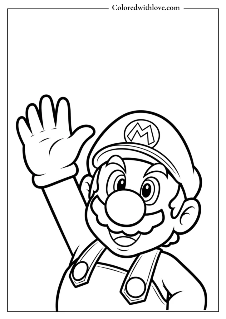 Mario waves hello in this close-up Super Mario coloring page