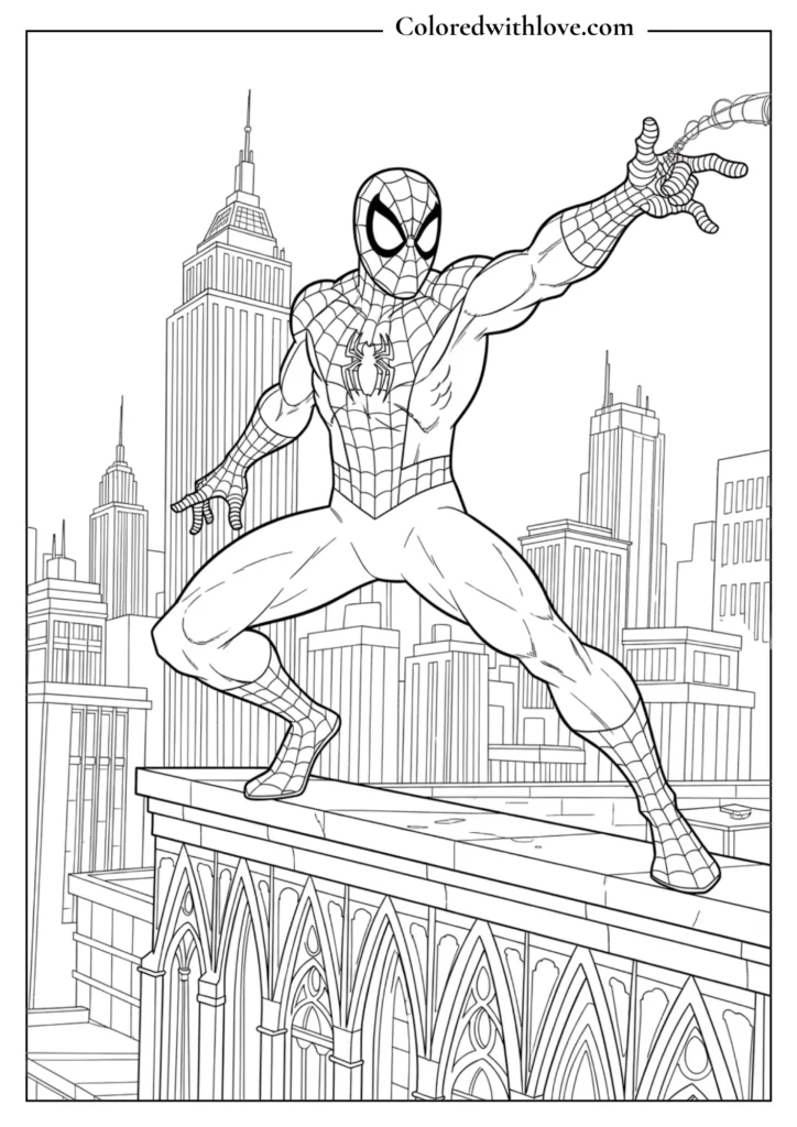 spiderman shooting web from rooftop city coloring page printable
