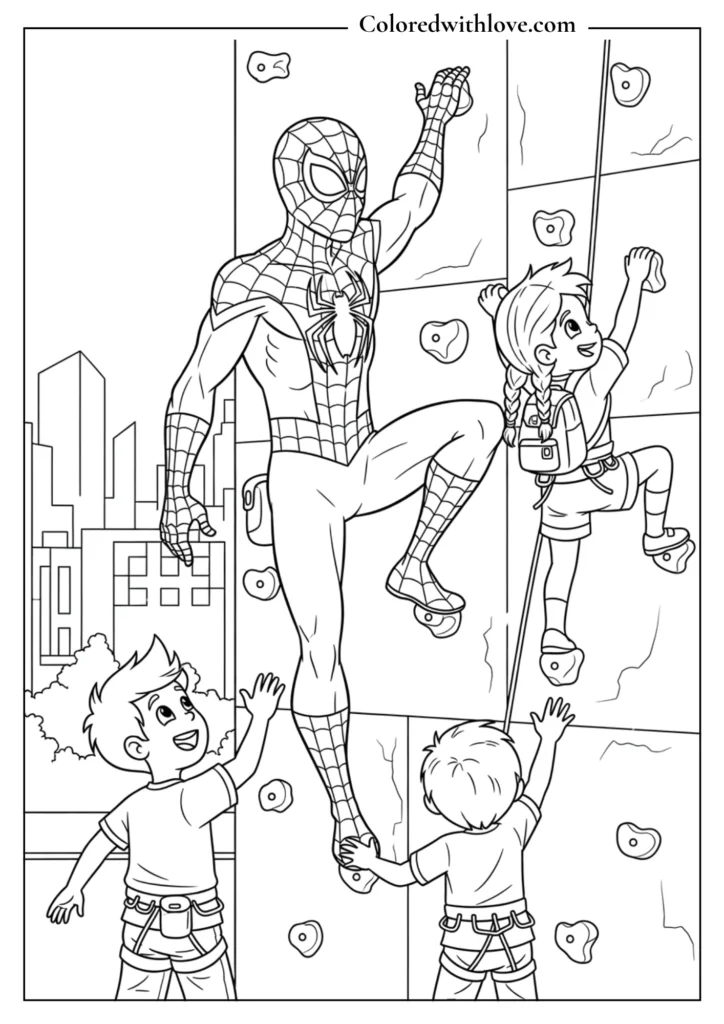 spiderman climbing wall kids training coloring page printable