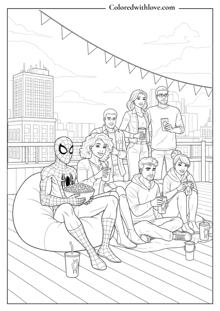 spiderman relaxing with friends party rooftop coloring page printable