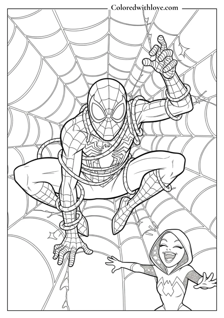 spiderman web trap close action scene coloring page printable