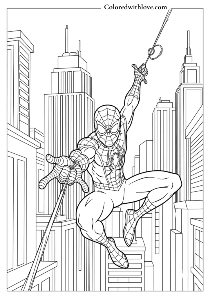 spiderman swinging city classic pose coloring page printable