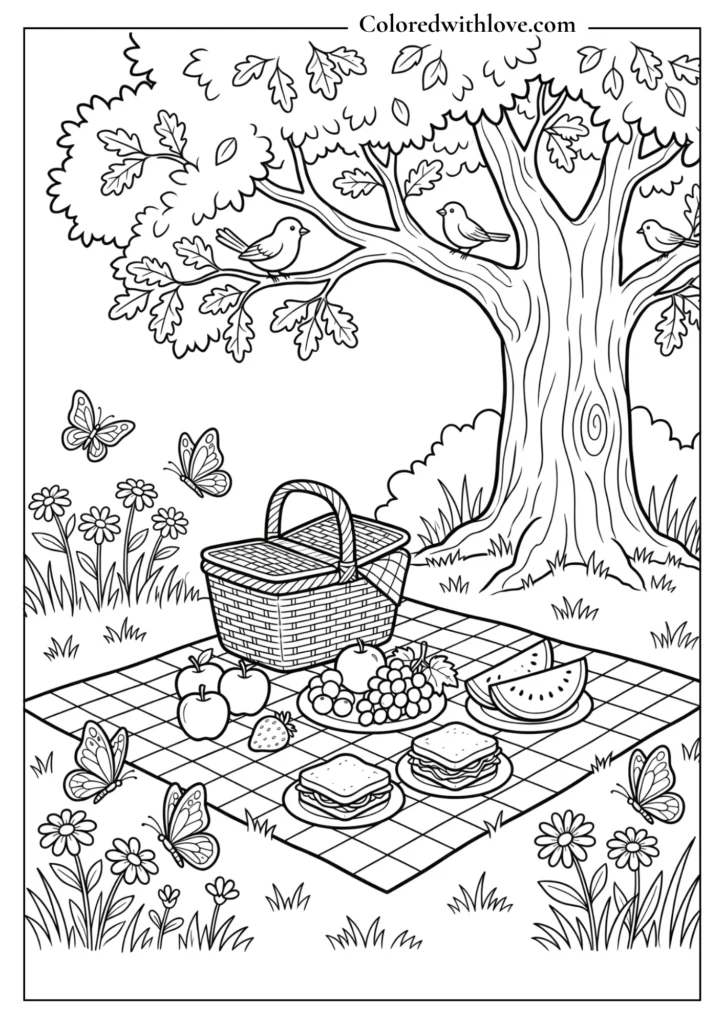 Picnic blanket with fruits sandwiches butterflies and birds in nature summer coloring page