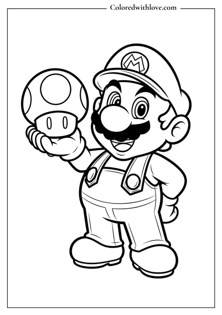 Mario holds a classic mushroom power-up in this Super Mario coloring page