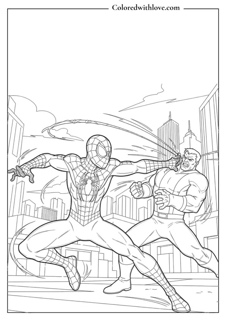 spiderman fighting villain action coloring page printable for kids