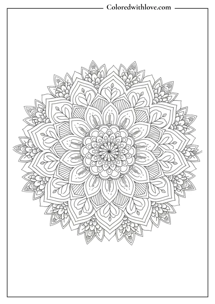 symmetrical floral mandala coloring page with layered petals for stress relief coloring