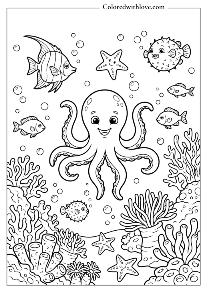 Cute octopus fish and starfish underwater with coral reef bubbles coloring page for kids