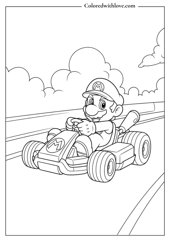 Mario drives a racing kart on a track in this Mario Kart coloring page