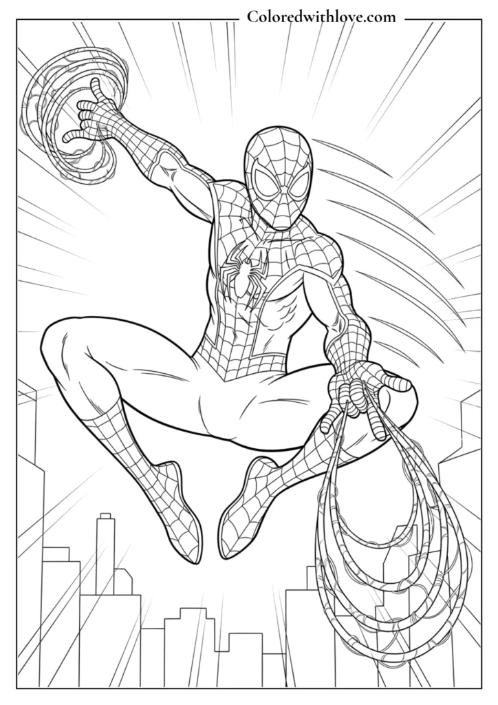spiderman jumping and throwing web coloring page printable