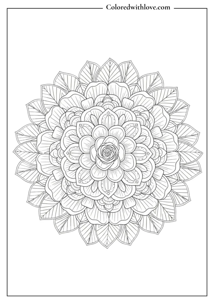 rose mandala coloring page with intricate petal design black and white for adults
