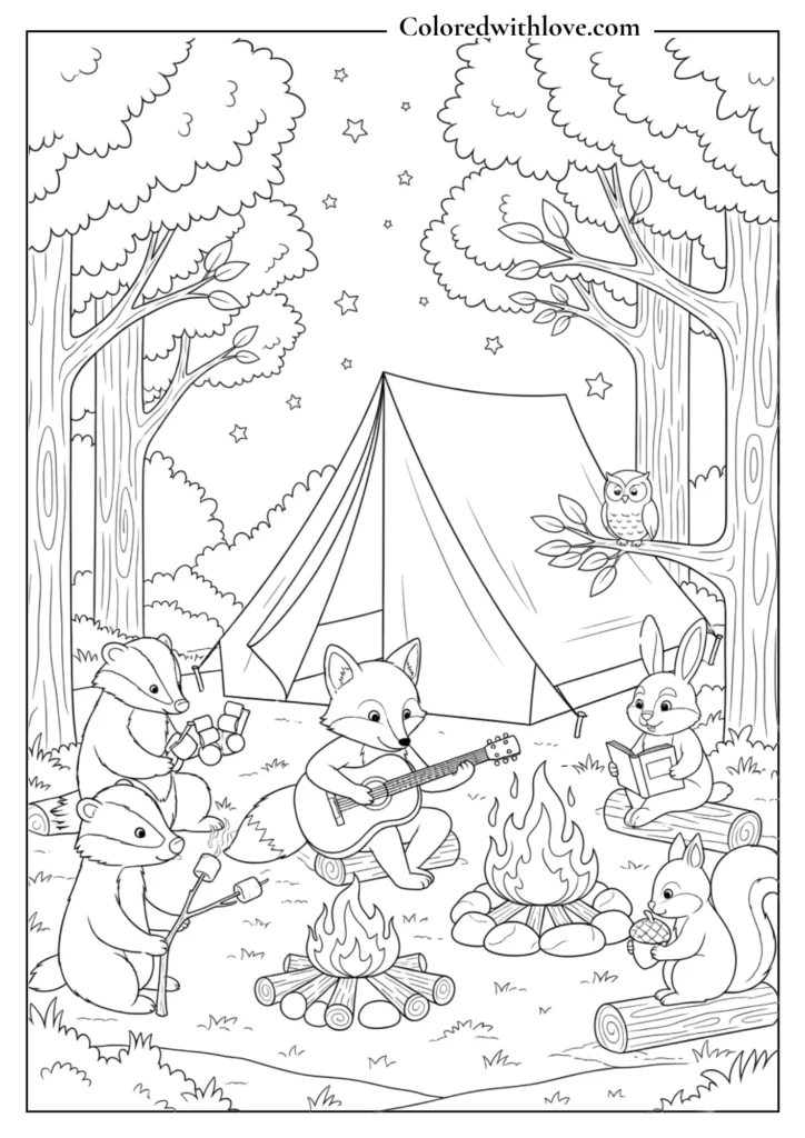 Cute animals camping around a campfire with tent in forest at night coloring page
