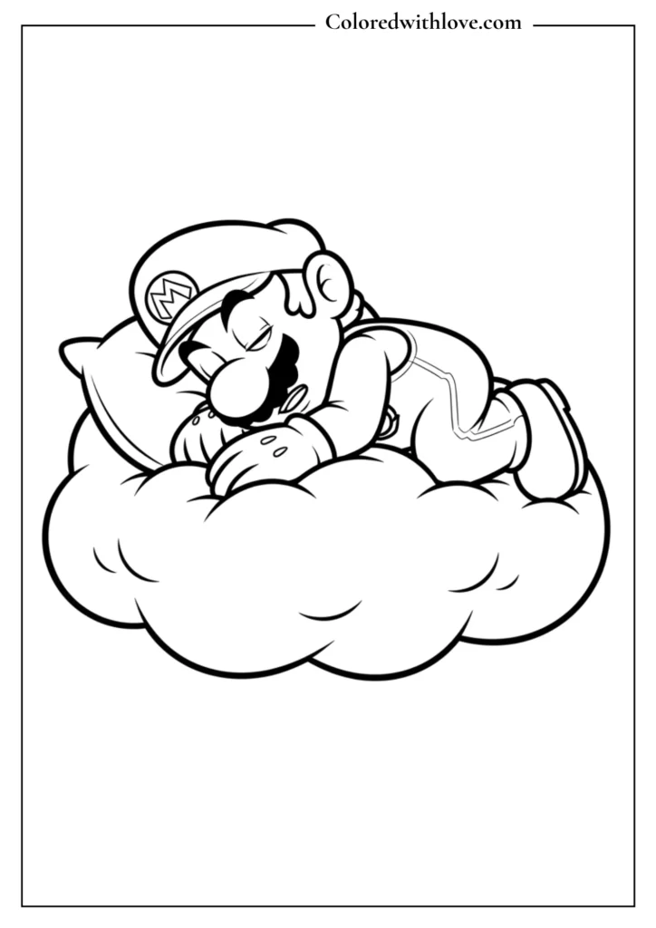 Mario sleeps peacefully on a cloud in this cute Super Mario coloring page