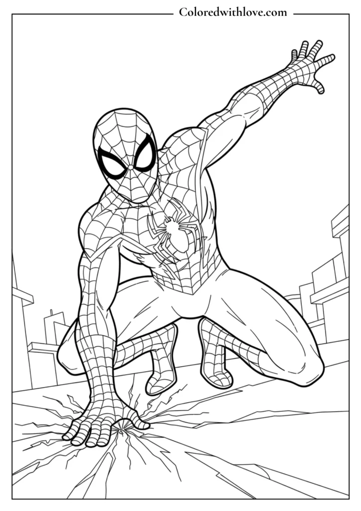 spiderman landing pose ground impact coloring page printable
