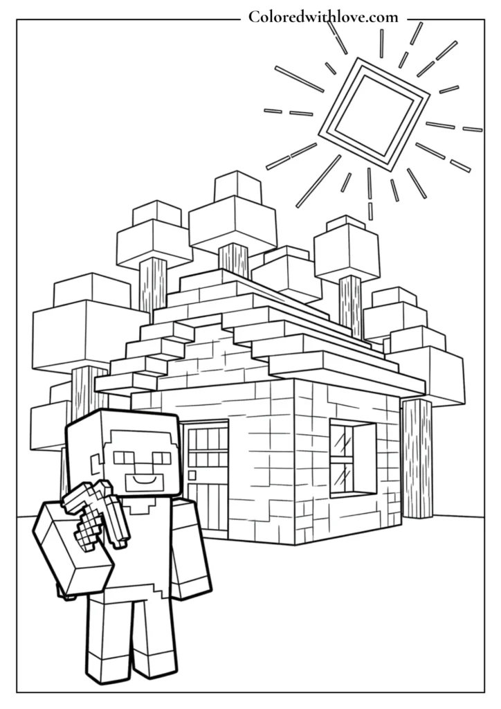 A small Minecrafet house with trees and sunshine Coloring Page 